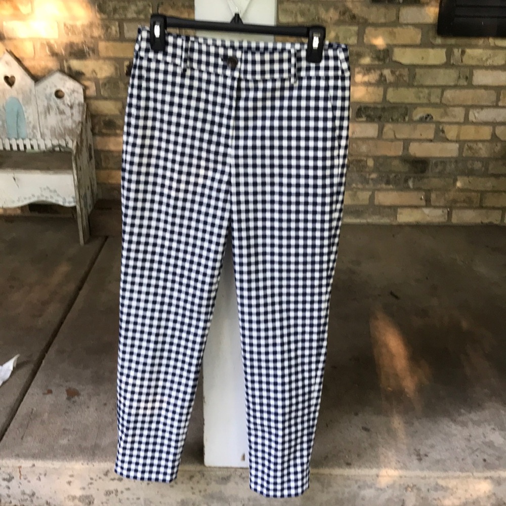 J.Crew size four navy and white checkered pants.